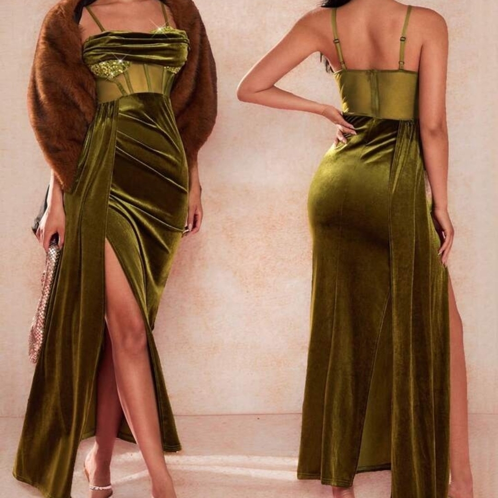 SHEIN Olive Green Backless Velvet Dress